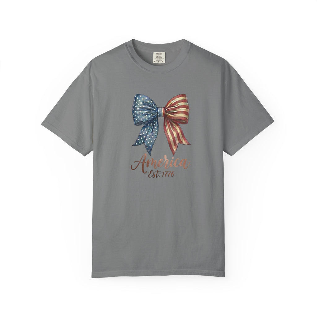 Vintage Patriotic American Bow Ribbon T-Shirt, Independence Day Unisex Red White Blue Graphic Tee