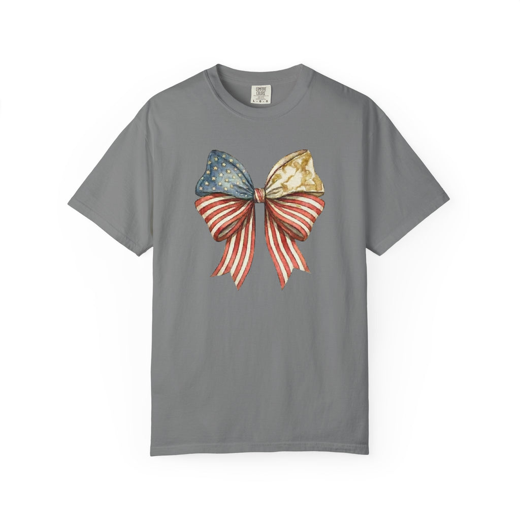 Vintage Patriotic American Golden Bow Ribbon T-Shirt, Independence Day Unisex Red White Blue Graphic Tee