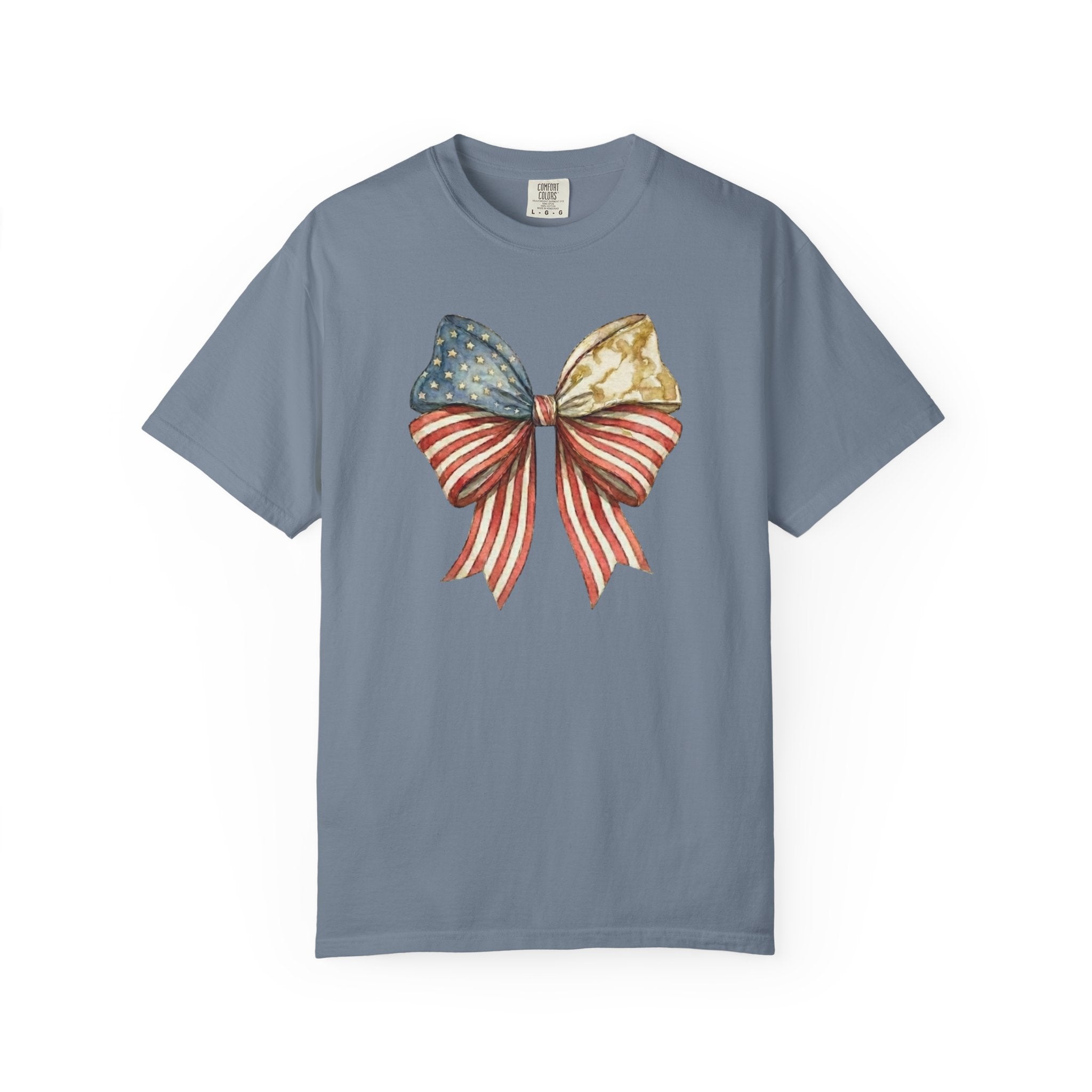 Vintage Patriotic American Golden Bow Ribbon T-Shirt, Independence Day Unisex Red White Blue Graphic Tee