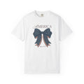 America Coquette Bow Shirt, Patriotic Polka Dot Ribbon Tee, Vintage 4th of July USA Graphic Shirt, Independence Day Red White Blue Tee, Gift