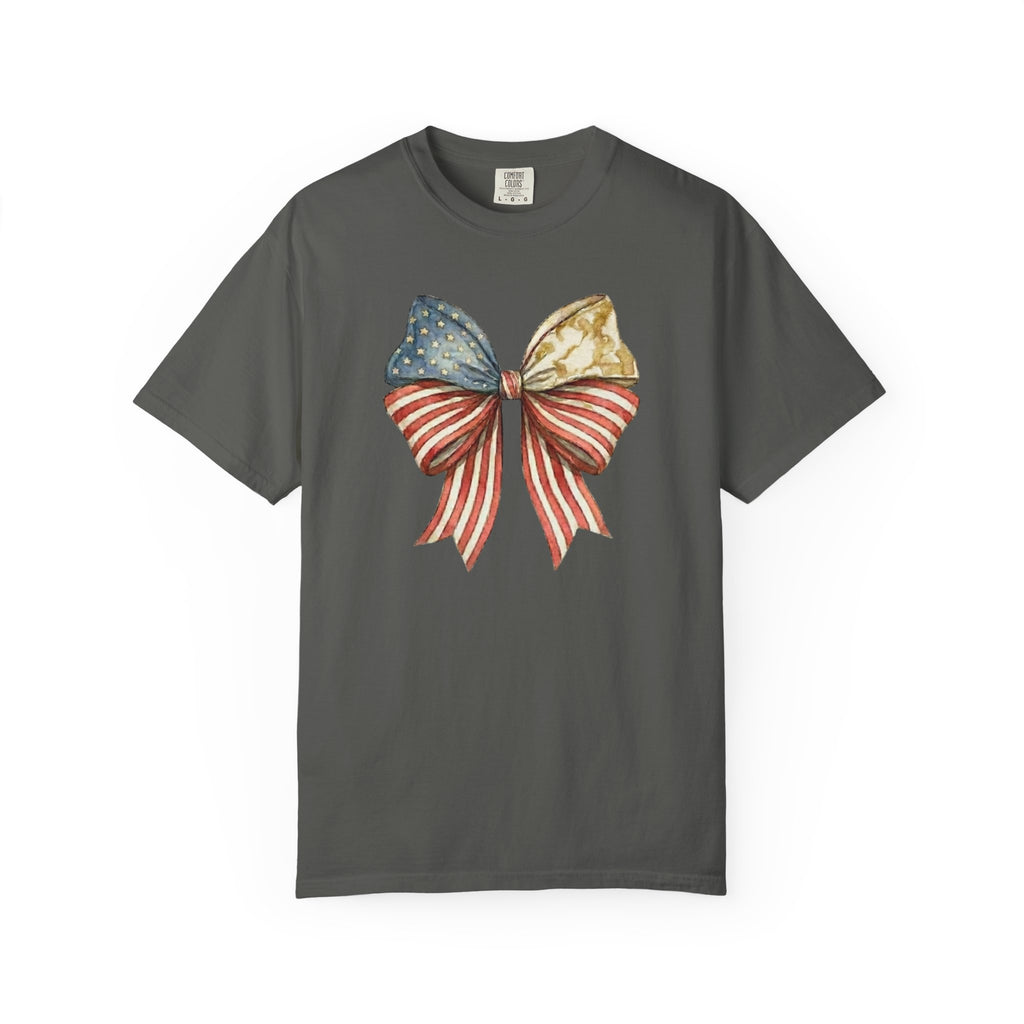 Vintage Patriotic American Golden Bow Ribbon T-Shirt, Independence Day Unisex Red White Blue Graphic Tee