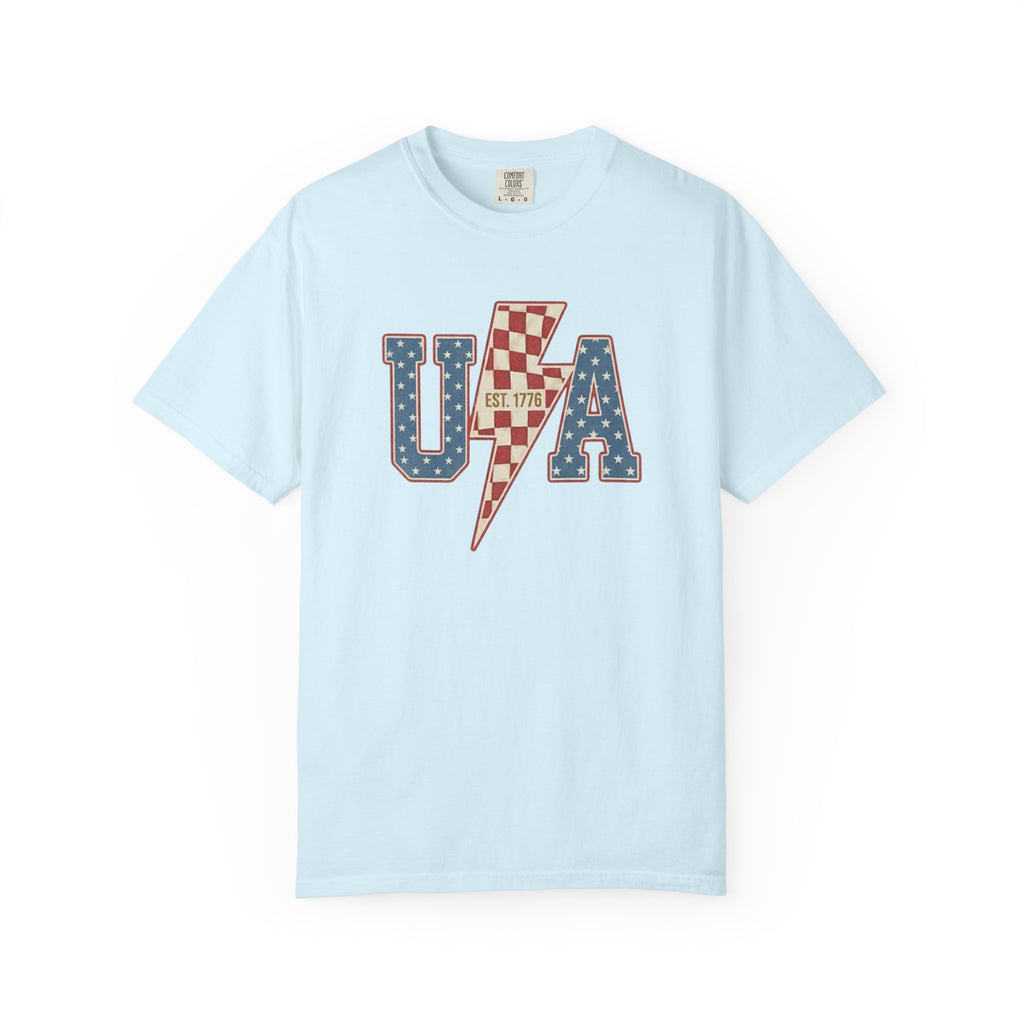 USA Lightning Bolt Shirt, Retro Patriotic Checkered Tee, Vintage 4th of July EST 1776 Graphic Shirt, Independence Day Red White Blue USA Tee