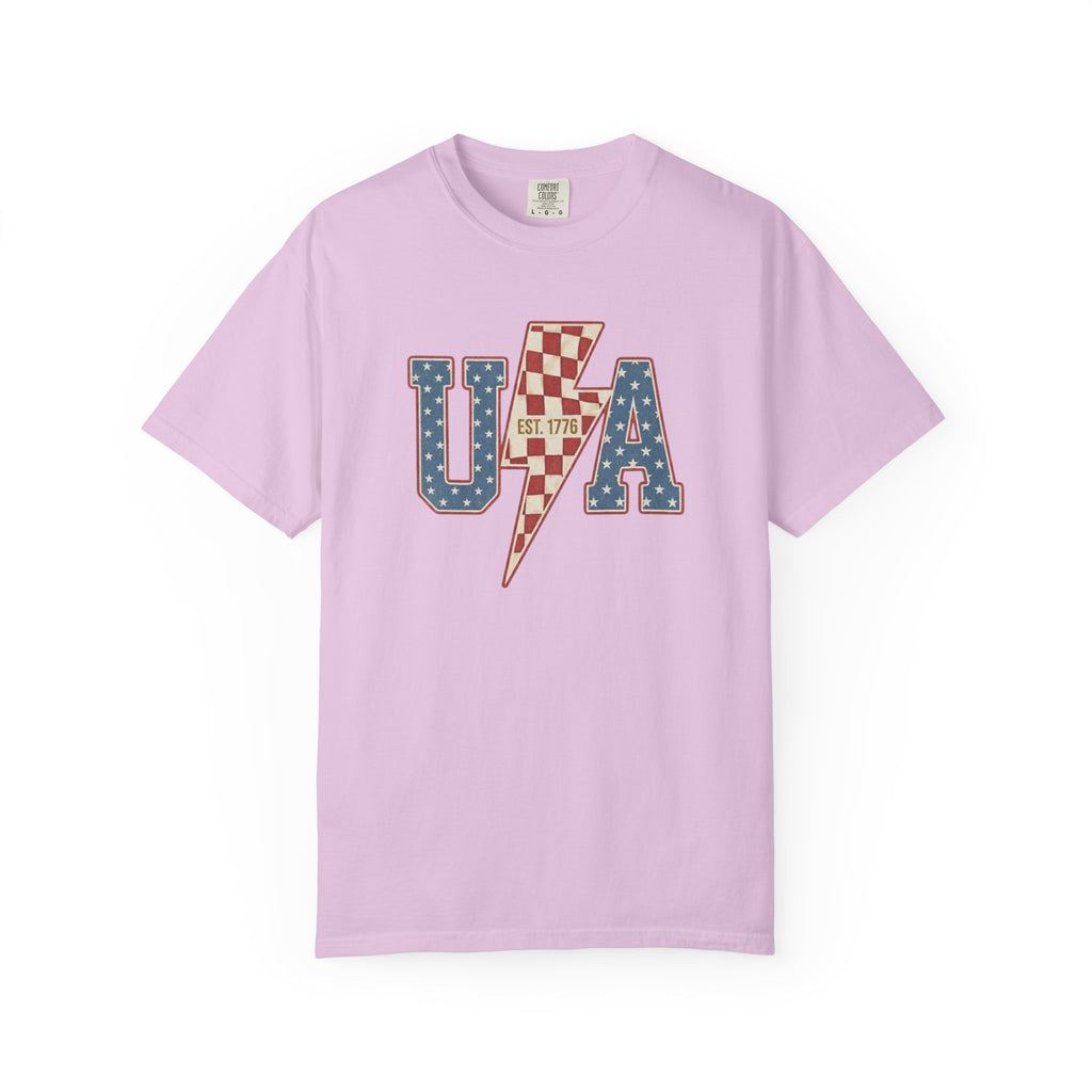 USA Lightning Bolt Shirt, Retro Patriotic Checkered Tee, Vintage 4th of July EST 1776 Graphic Shirt, Independence Day Red White Blue USA Tee