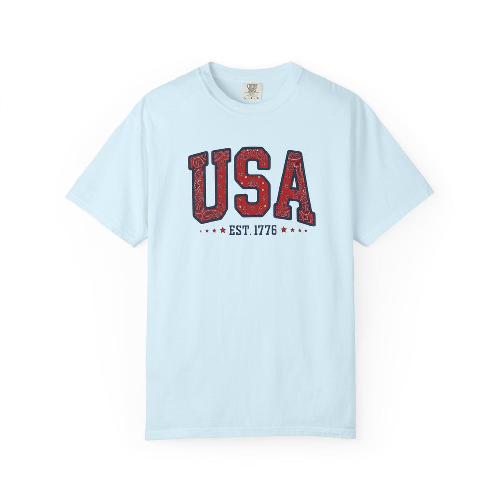 Vintage Patriotic American Bandana Print USA T-Shirt, Independence Day Unisex Red White Blue 1776 Graphic Tee