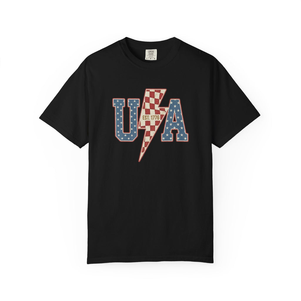 USA Lightning Bolt Shirt, Retro Patriotic Checkered Tee, Vintage 4th of July EST 1776 Graphic Shirt, Independence Day Red White Blue USA Tee