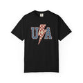 USA Lightning Bolt Shirt, Retro Patriotic Checkered Tee, Vintage 4th of July EST 1776 Graphic Shirt, Independence Day Red White Blue USA Tee