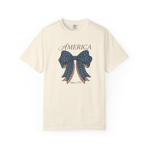 America Coquette Bow Shirt, Patriotic Polka Dot Ribbon Tee, Vintage 4th of July USA Graphic Shirt, Independence Day Red White Blue Tee, Gift