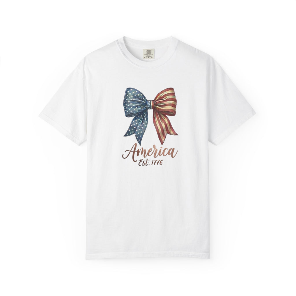 Vintage Patriotic American Bow Ribbon T-Shirt, Independence Day Unisex Red White Blue Graphic Tee