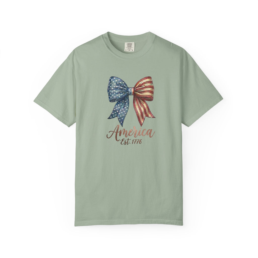 Vintage Patriotic American Bow Ribbon T-Shirt, Independence Day Unisex Red White Blue Graphic Tee