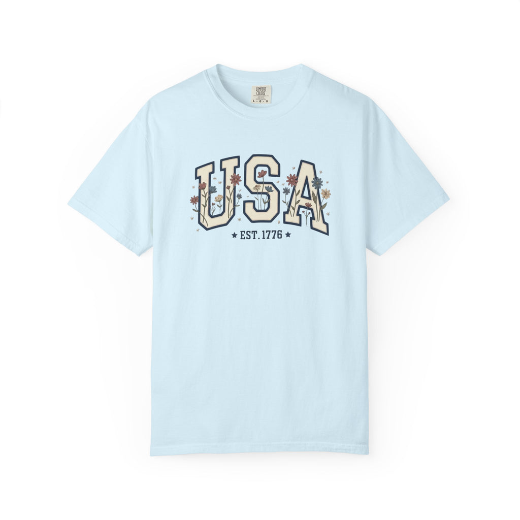 Vintage Patriotic American USA Print T-Shirt, Independence Day Red White Blue 1776 Unisex Graphic Tee