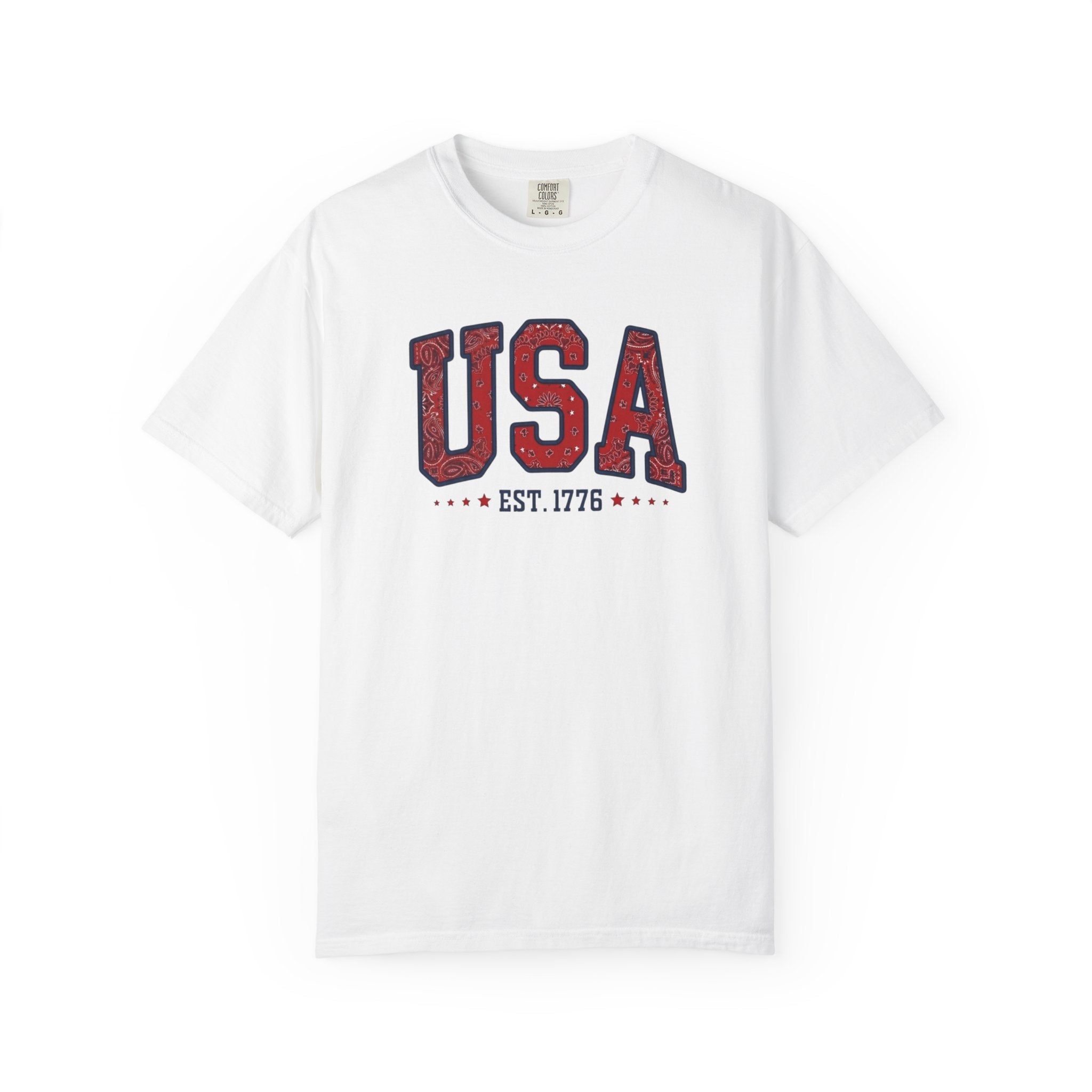 Vintage Patriotic American Bandana Print USA T-Shirt, Independence Day Unisex Red White Blue 1776 Graphic Tee
