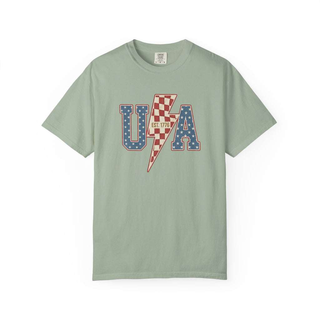 USA Lightning Bolt Shirt, Retro Patriotic Checkered Tee, Vintage 4th of July EST 1776 Graphic Shirt, Independence Day Red White Blue USA Tee