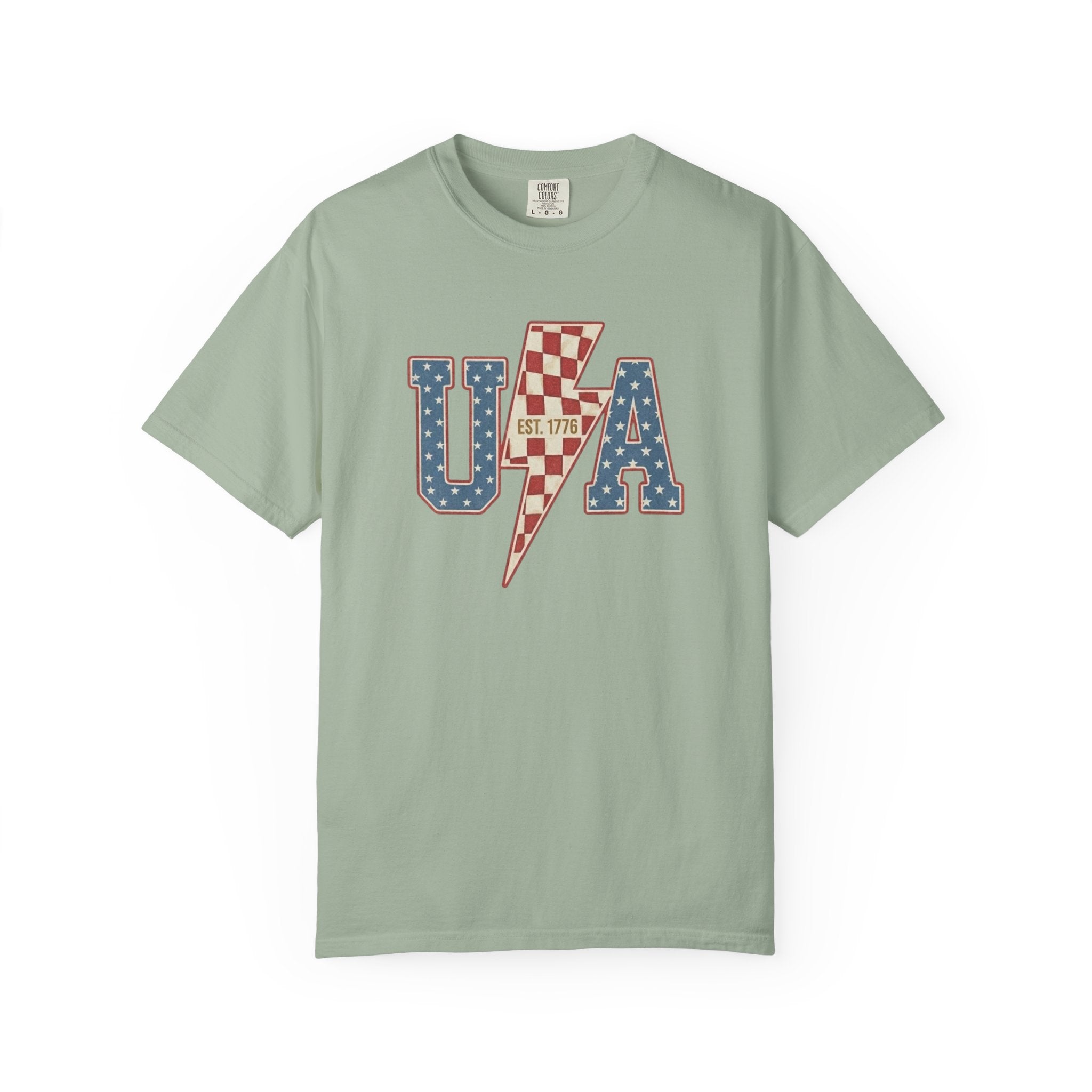 USA Lightning Bolt Shirt, Retro Patriotic Checkered Tee, Vintage 4th of July EST 1776 Graphic Shirt, Independence Day Red White Blue USA Tee
