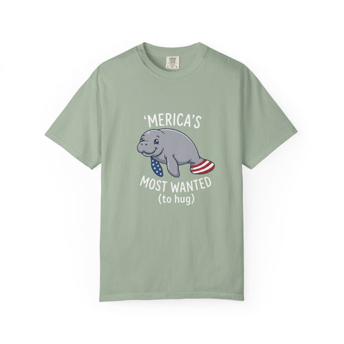 4th of July Manatee Shirt, Funny Patriotic Sea Cow Tee, 'Merica's Most Wanted Graphic T-Shirt, Cute Americana Independence Day Gift
