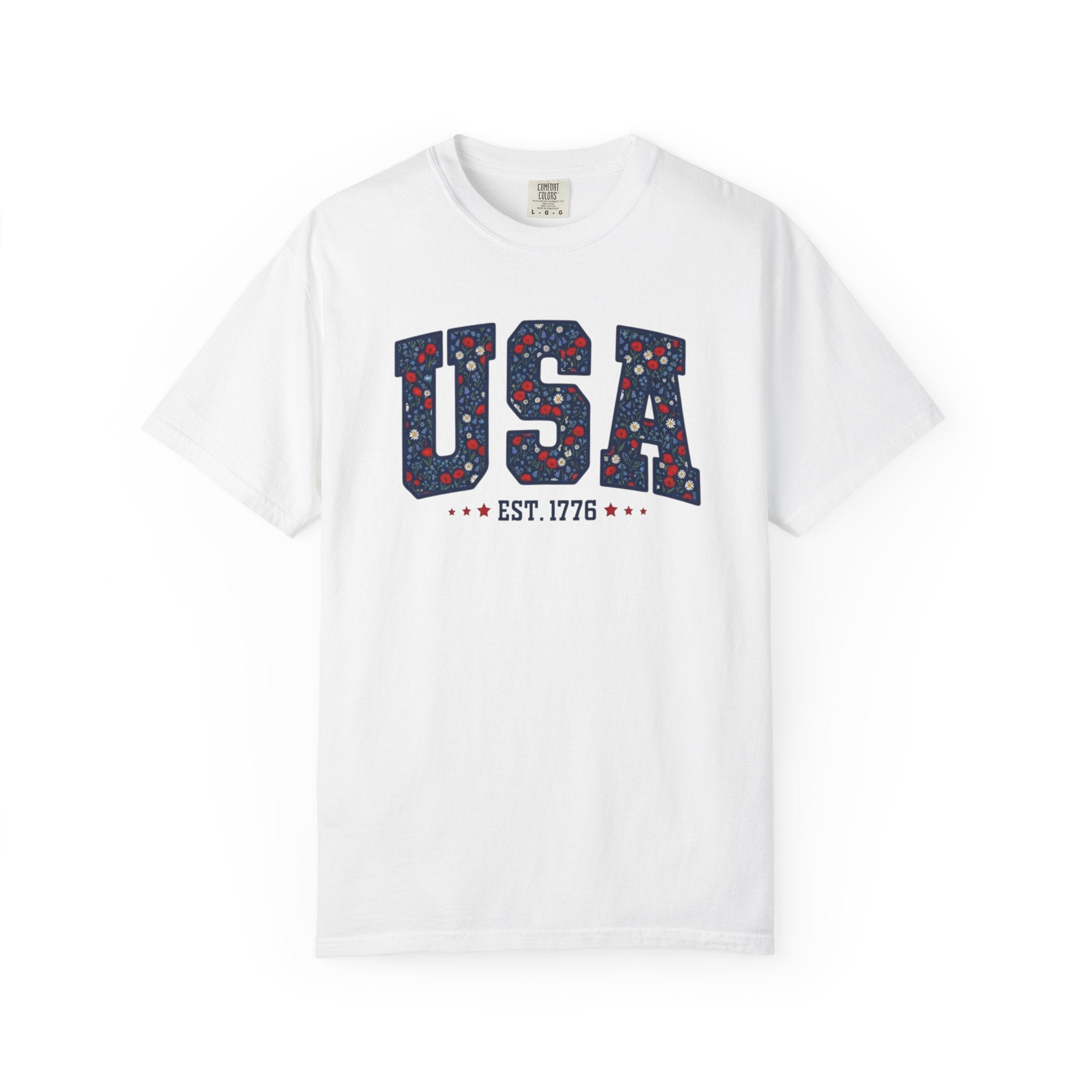 Vintage Patriotic American Start Print T-Shirt, Independence Day Unisex Red White Blue 1776 Graphic Tee