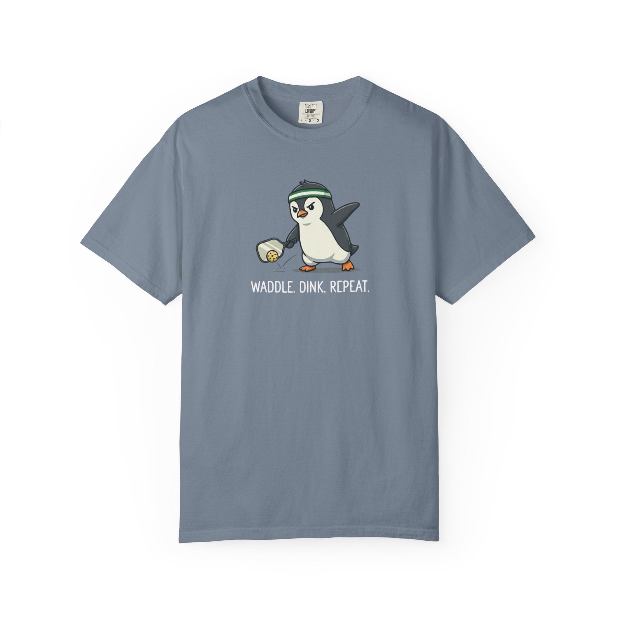Waddle Dink Repeat Penguin Pickleball t-shirt in Blue Jean
