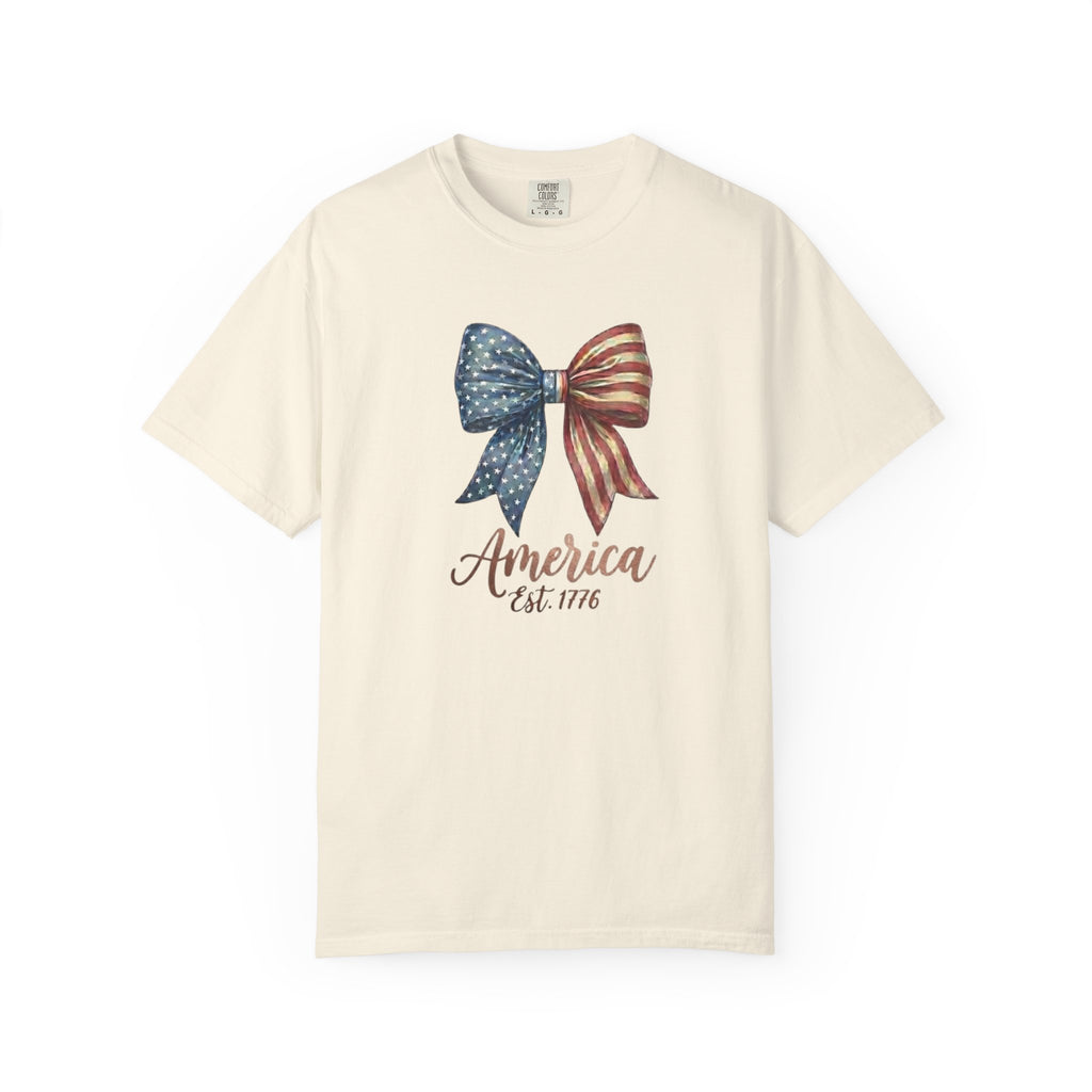 Vintage Patriotic American Bow Ribbon T-Shirt, Independence Day Unisex Red White Blue Graphic Tee