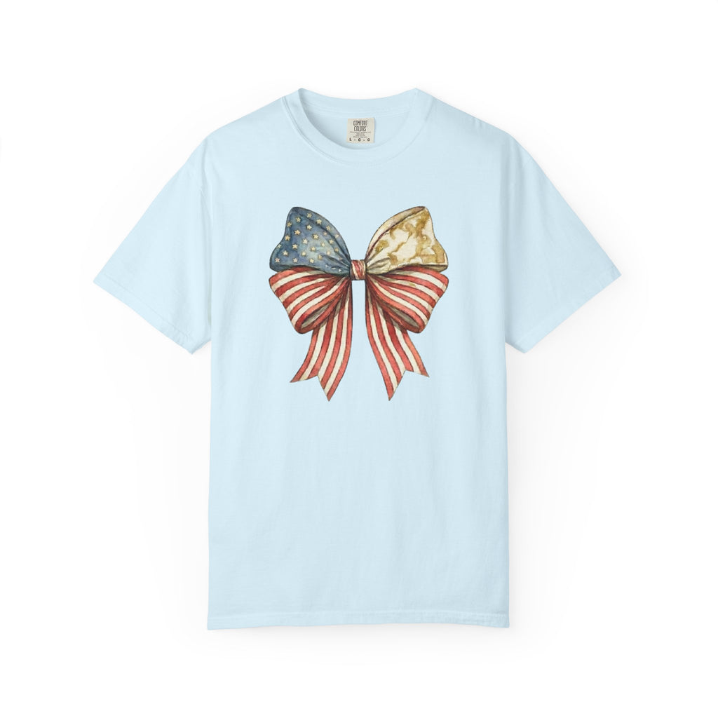 Vintage Patriotic American Golden Bow Ribbon T-Shirt, Independence Day Unisex Red White Blue Graphic Tee