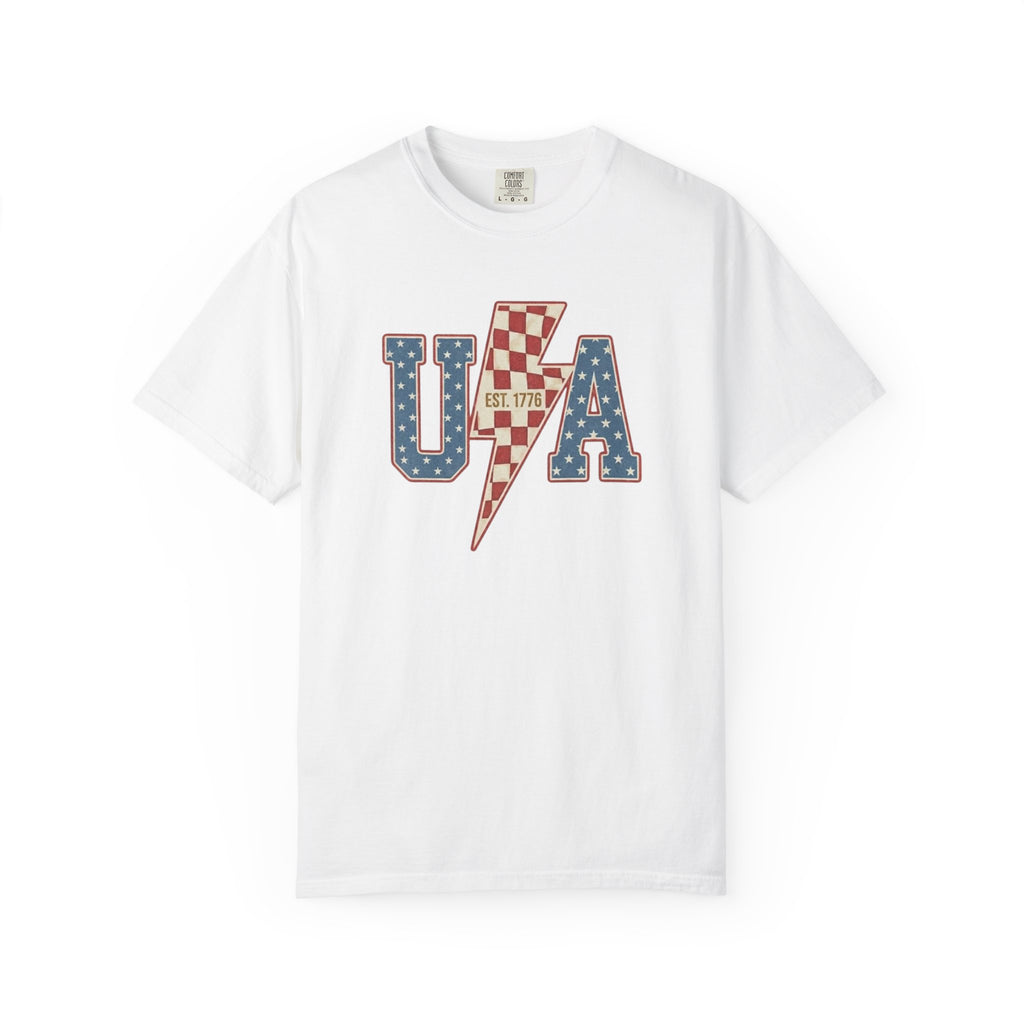 USA Lightning Bolt Shirt, Retro Patriotic Checkered Tee, Vintage 4th of July EST 1776 Graphic Shirt, Independence Day Red White Blue USA Tee
