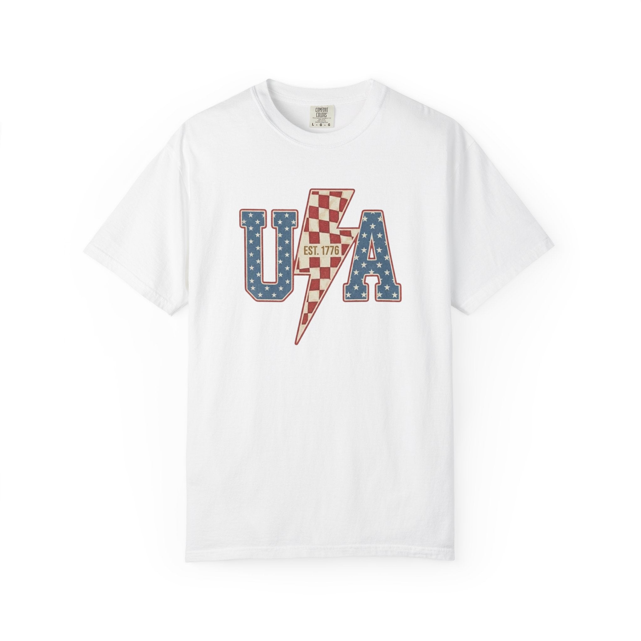 USA Lightning Bolt Shirt, Retro Patriotic Checkered Tee, Vintage 4th of July EST 1776 Graphic Shirt, Independence Day Red White Blue USA Tee
