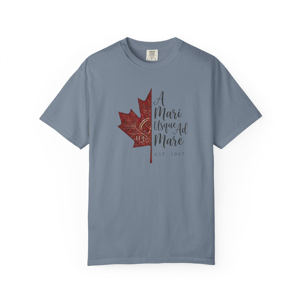 A Mari Usque Ad Mare Maple Leaf t-shirt in Blue Jean