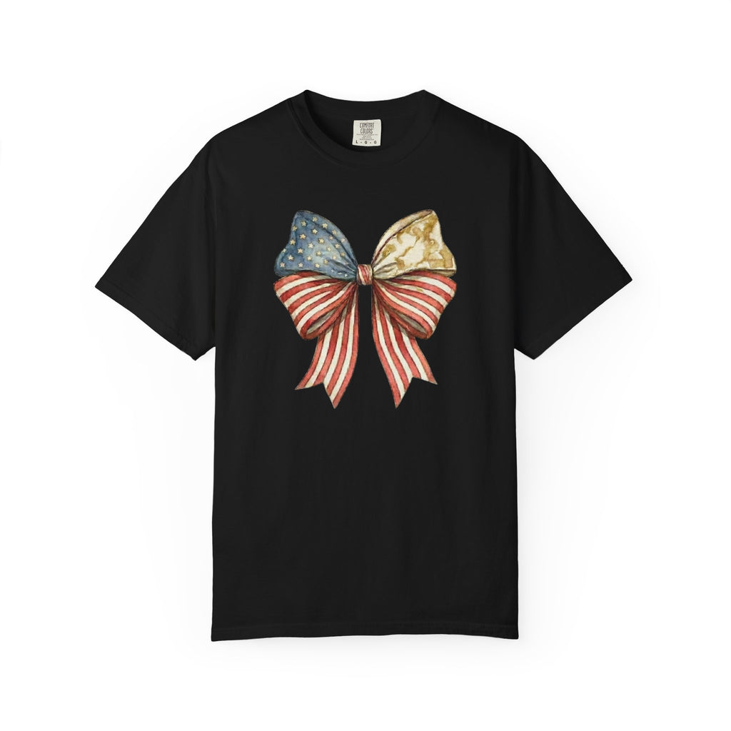 Vintage Patriotic American Golden Bow Ribbon T-Shirt, Independence Day Unisex Red White Blue Graphic Tee