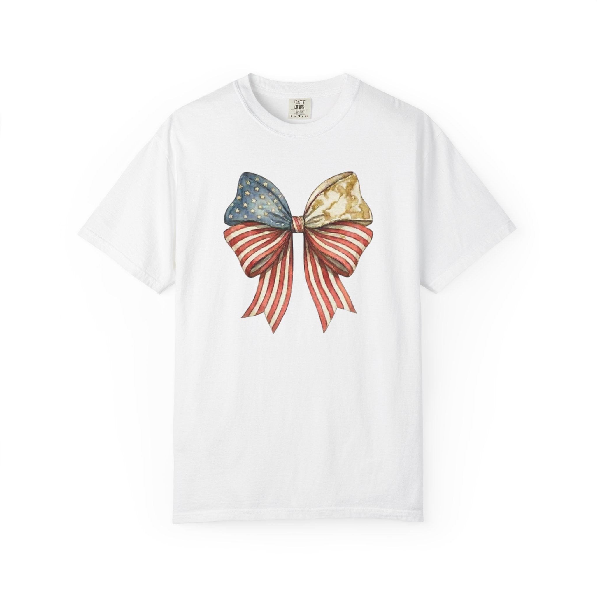 Vintage Patriotic American Golden Bow Ribbon T-Shirt, Independence Day Unisex Red White Blue Graphic Tee