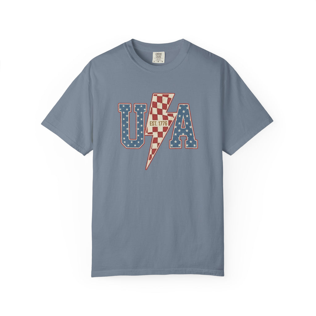 USA Lightning Bolt Shirt, Retro Patriotic Checkered Tee, Vintage 4th of July EST 1776 Graphic Shirt, Independence Day Red White Blue USA Tee