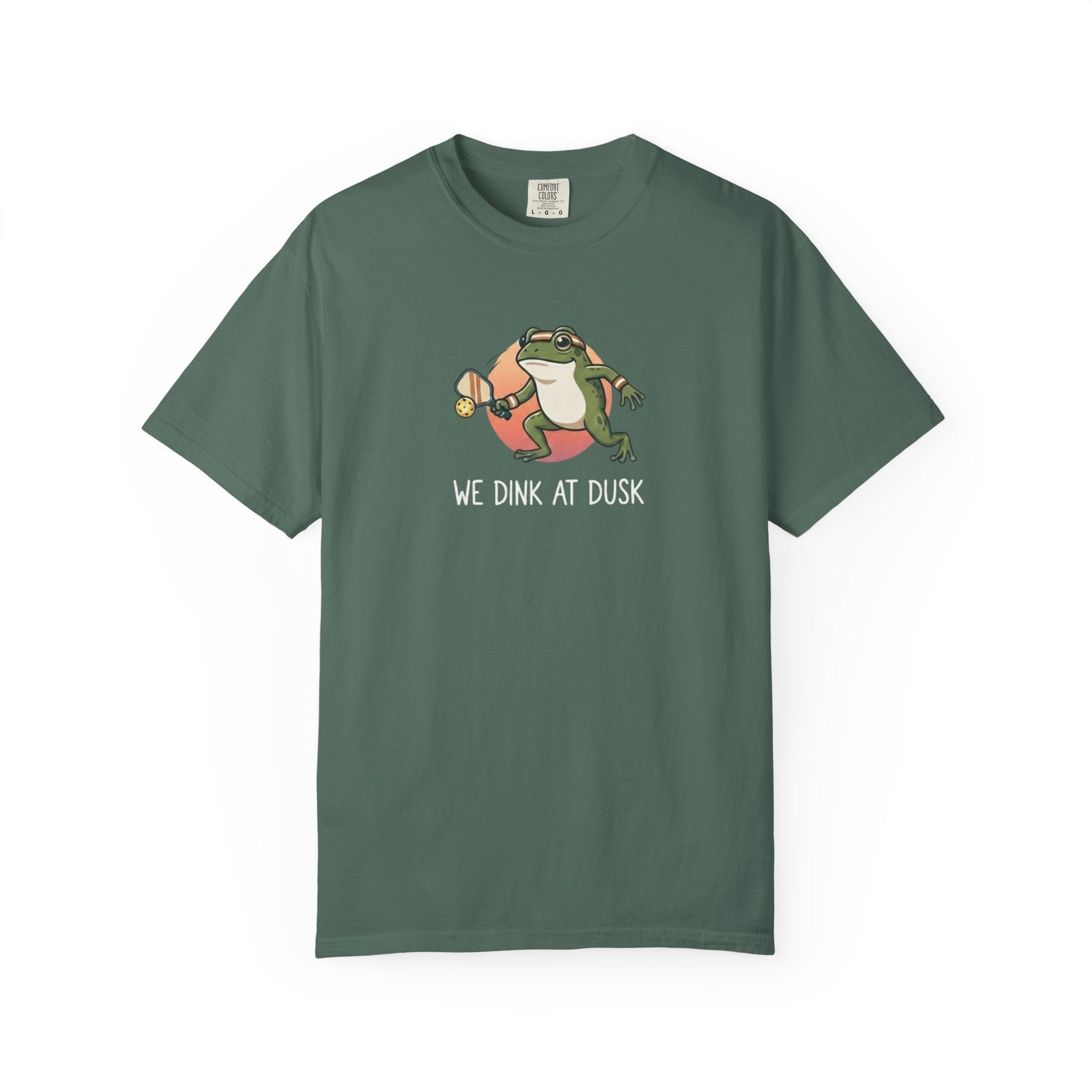 We Dink At Dusk Frog Pickleball t-shirt in Blue Spruce