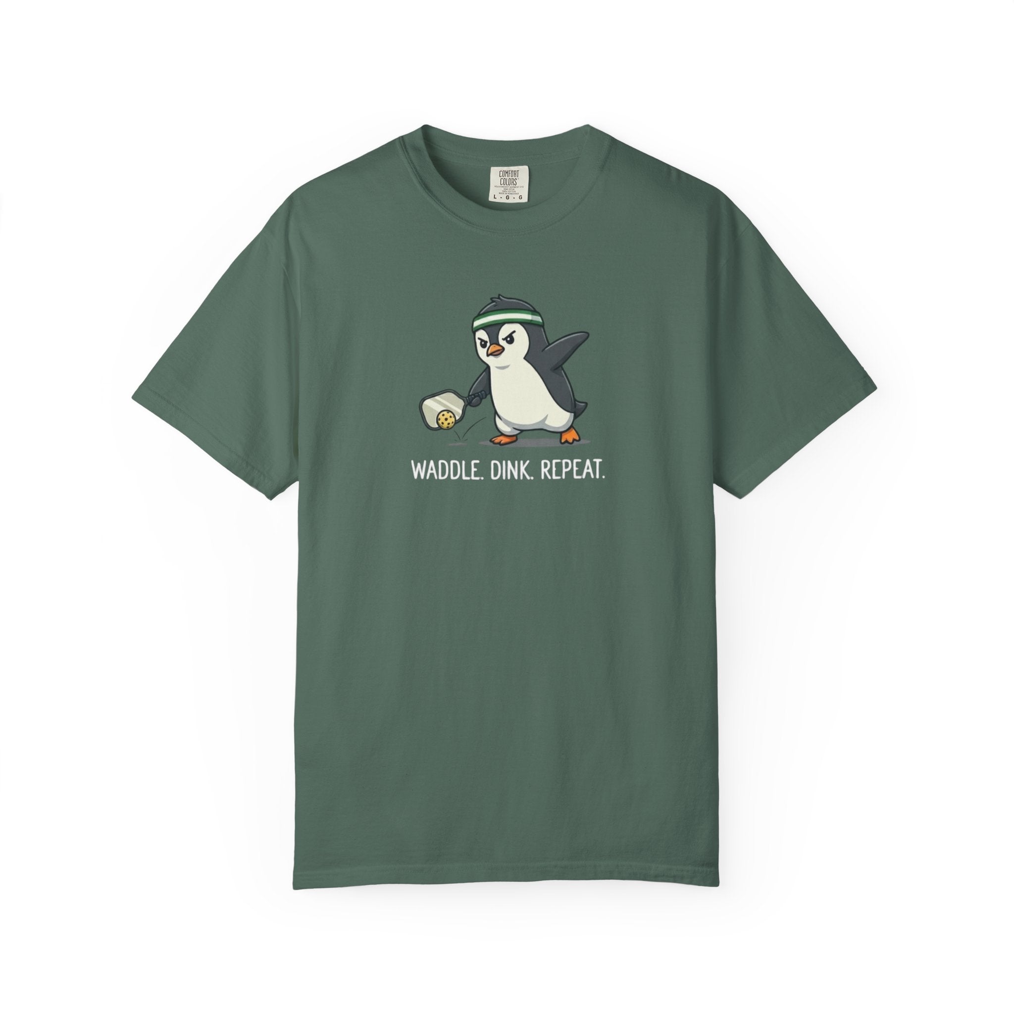 Waddle Dink Repeat Penguin Pickleball t-shirt in Blue Spruce