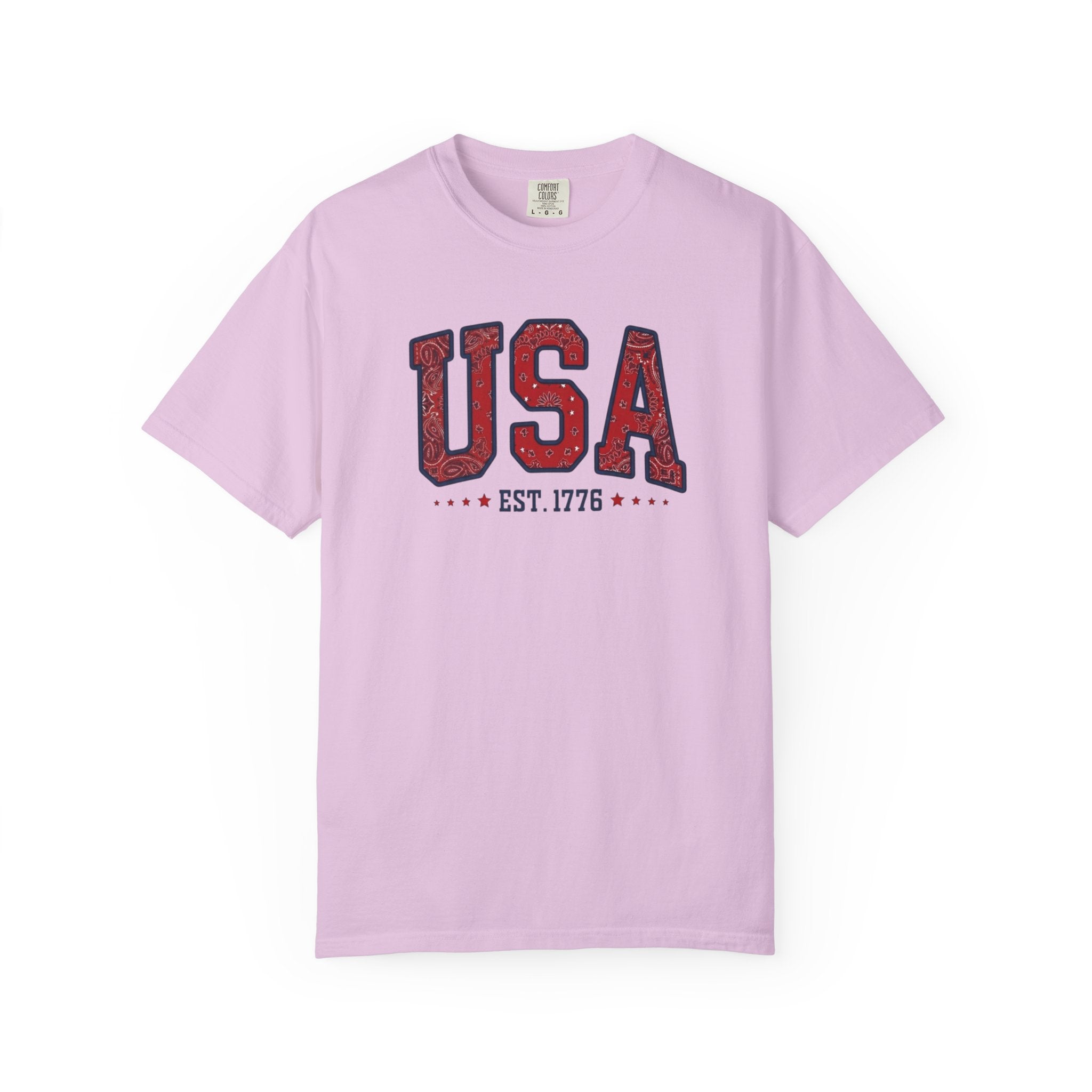 Vintage Patriotic American Bandana Print USA T-Shirt, Independence Day Unisex Red White Blue 1776 Graphic Tee