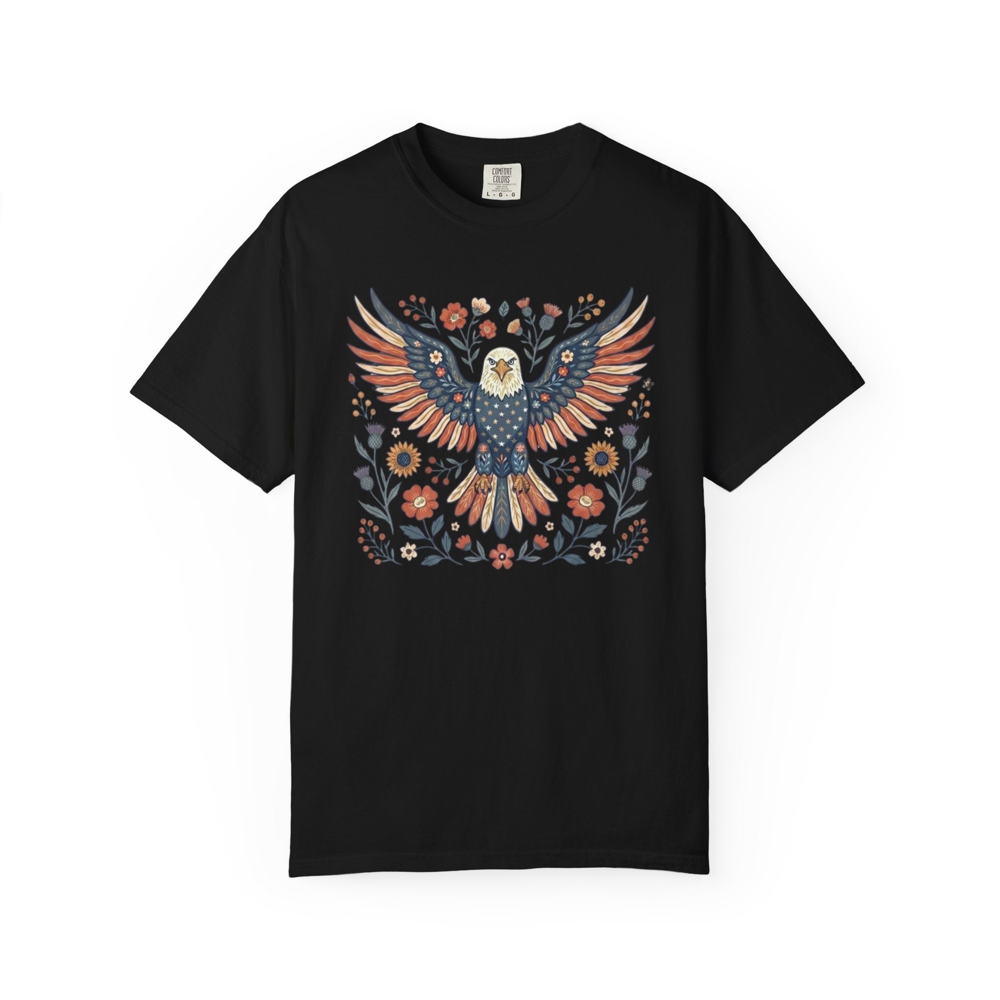 Patriotic Eagle Shirt, Folk Art American Flag Eagle Tee, Vintage 4th of July Floral Graphic Shirt, Independence Day Red White Blue USA Tee