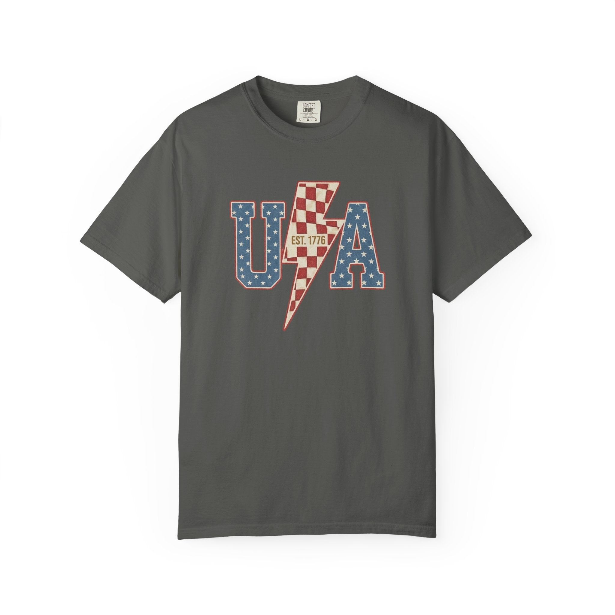 USA Lightning Bolt Shirt, Retro Patriotic Checkered Tee, Vintage 4th of July EST 1776 Graphic Shirt, Independence Day Red White Blue USA Tee