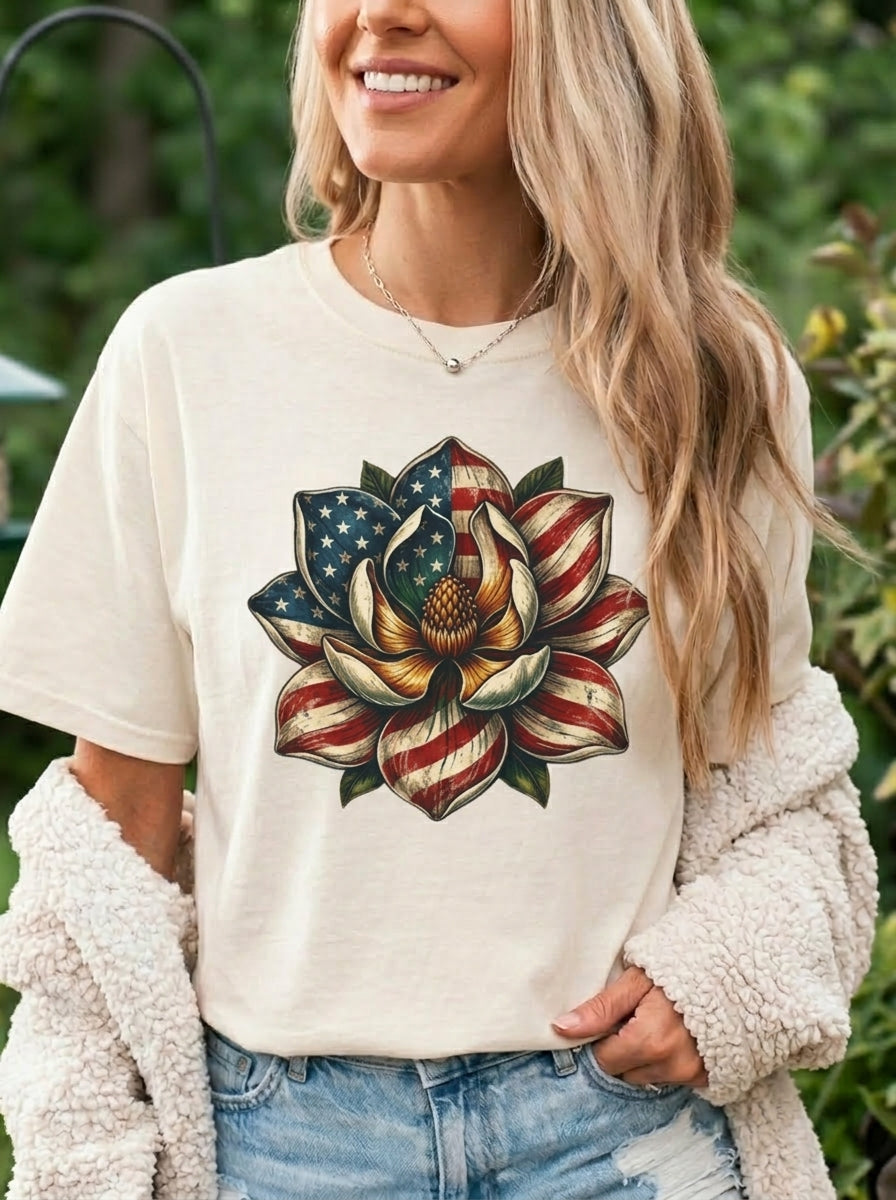 Patriotic Magnolia Shirt, American Flag Flower Tee, 4th of July Floral Graphic Shirt, Vintage Watercolor USA Tee, Independence Day Gift