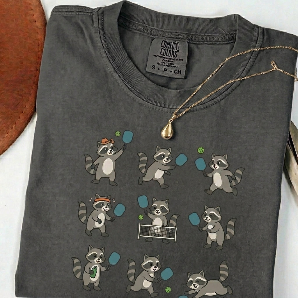 Cute Raccoon Pickleball t-shirt in Pepper