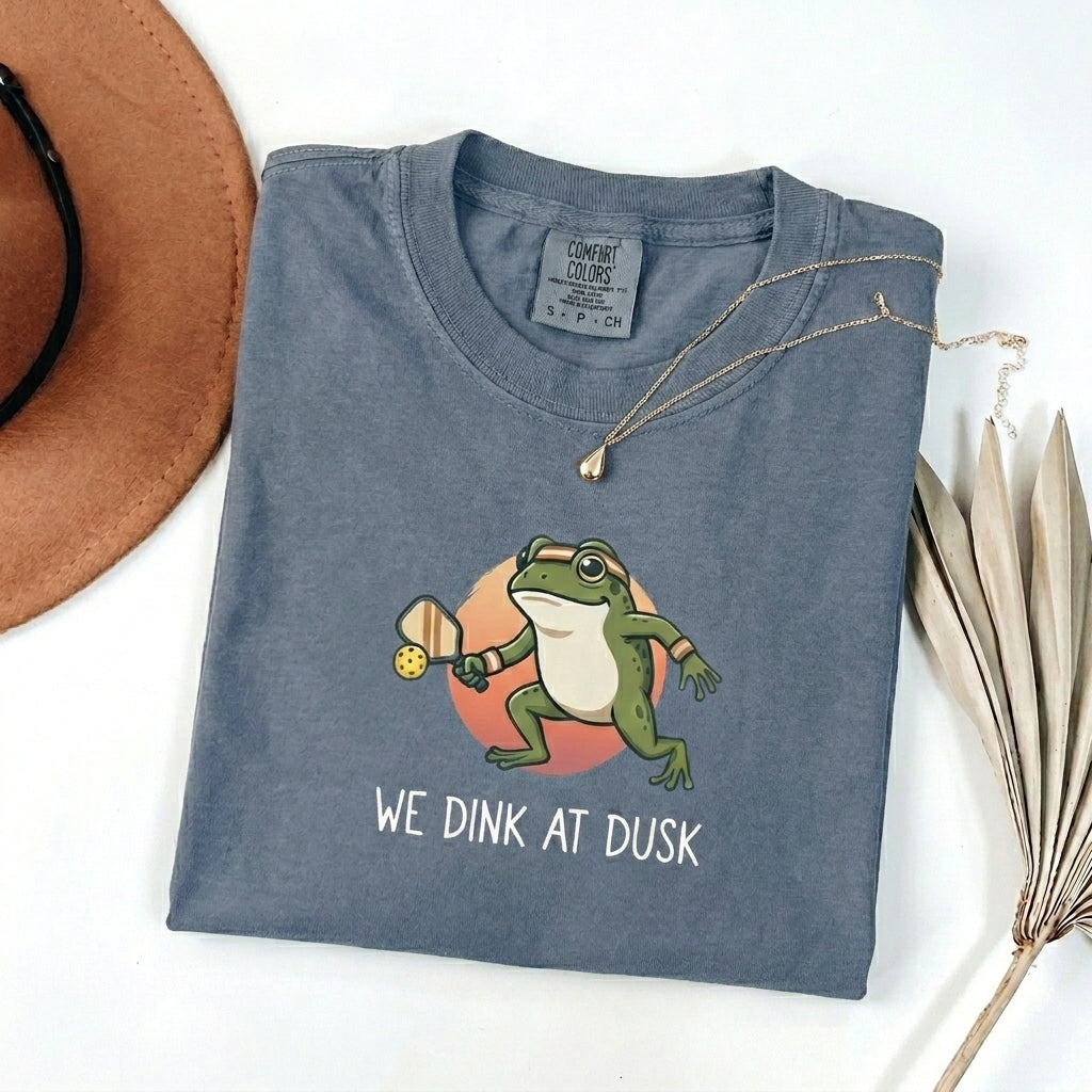 We Dink At Dusk Frog Pickleball t-shirt in Blue Jean