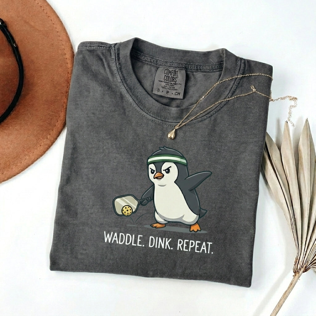 Waddle Dink Repeat Penguin Pickleball t-shirt in Pepper