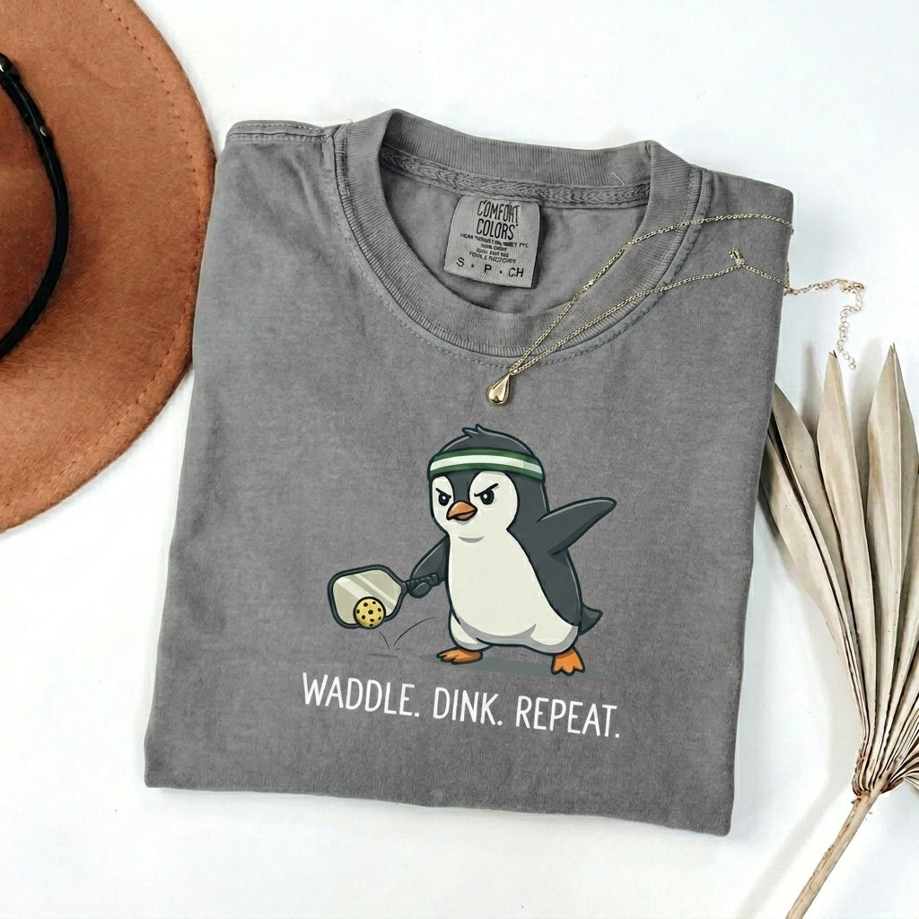 Waddle Dink Repeat Penguin Pickleball t-shirt in Grey