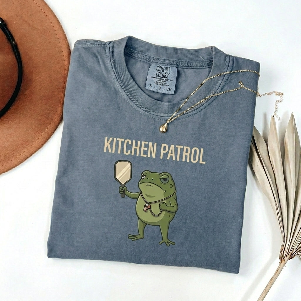Kitchen Patrol Frog Pickleball t-shirt in Blue Jean