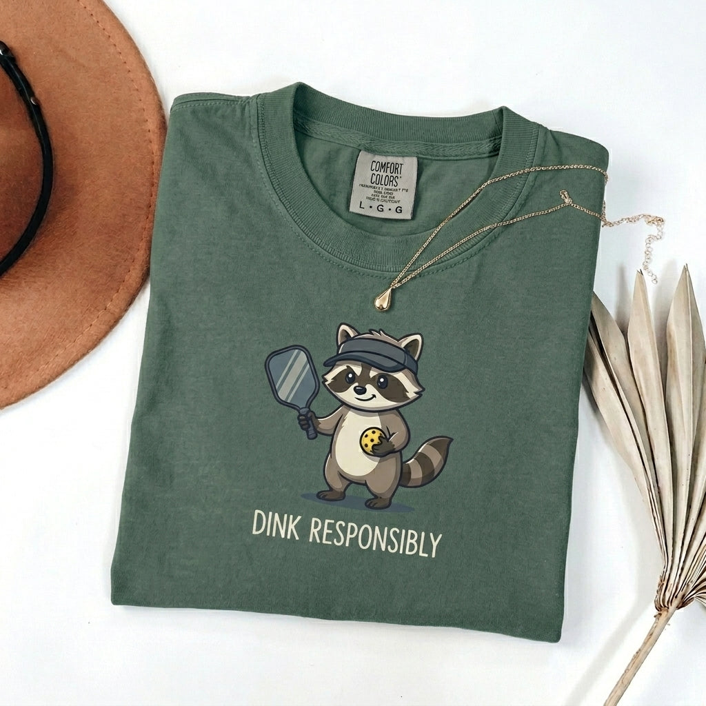 Dink Responsibly Raccoon Pickleball t-shirt in Blue Spruce