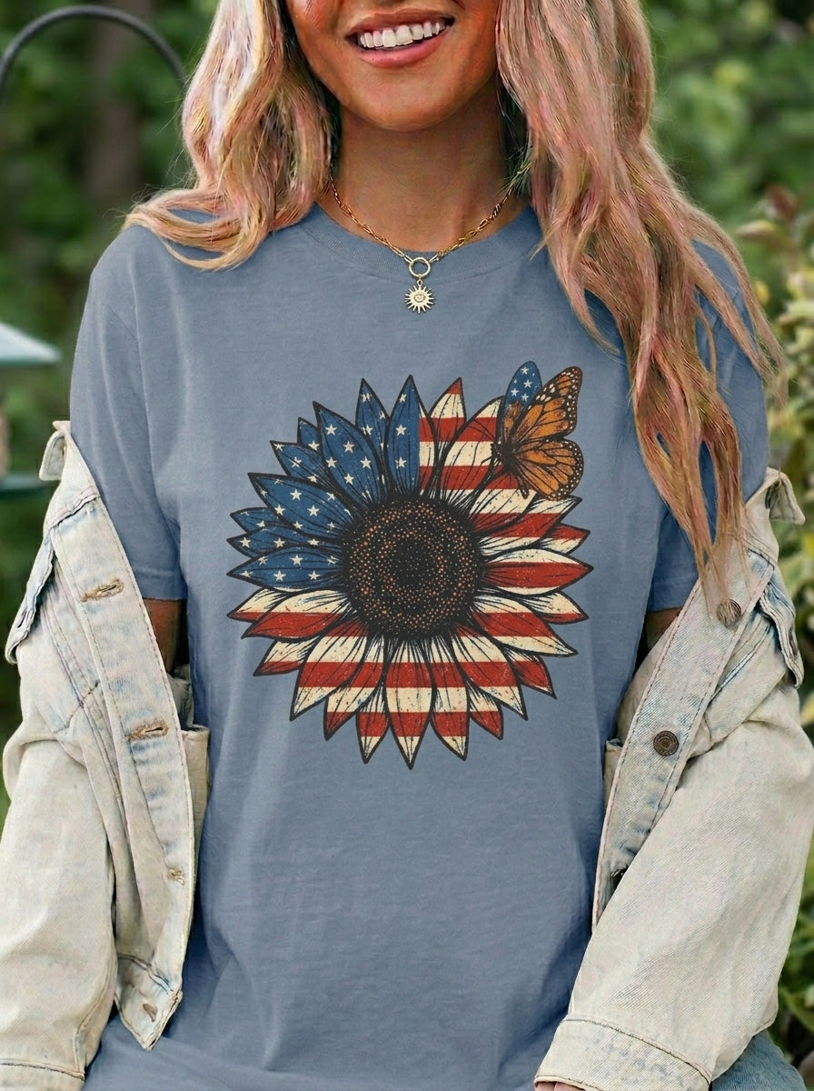 Vintage Patriotic American Sunflower T-Shirt, Independence Day Unisex Red White Blue Graphic Tee