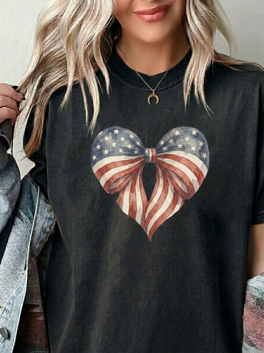 Vintage Patriotic American Bow Ribbon Heart T-Shirt, Independence Day Unisex Red White Blue Graphic Tee