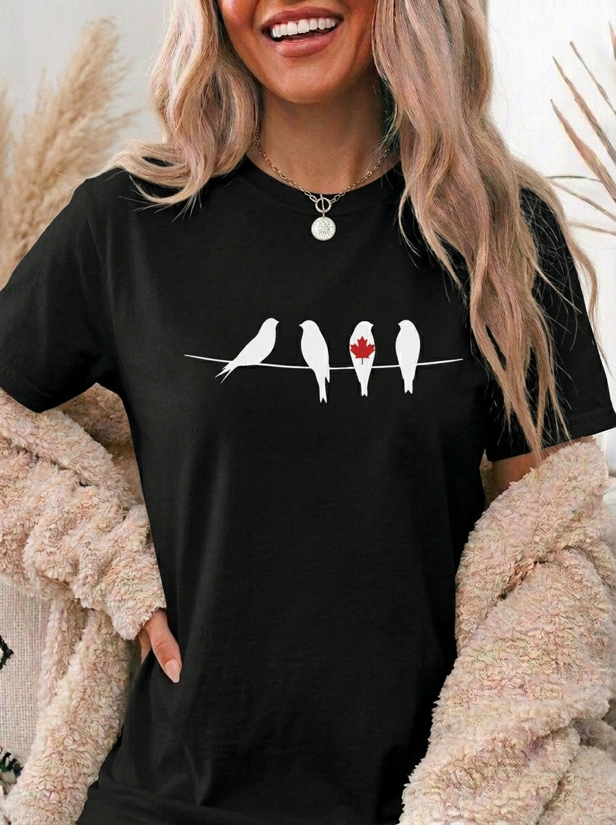Canada Day Shirt, Birds on a Wire Tee, Canadian Maple Leaf T-Shirt, Vintage Bird Lover Graphic Tee, Patriotic Gift for Her