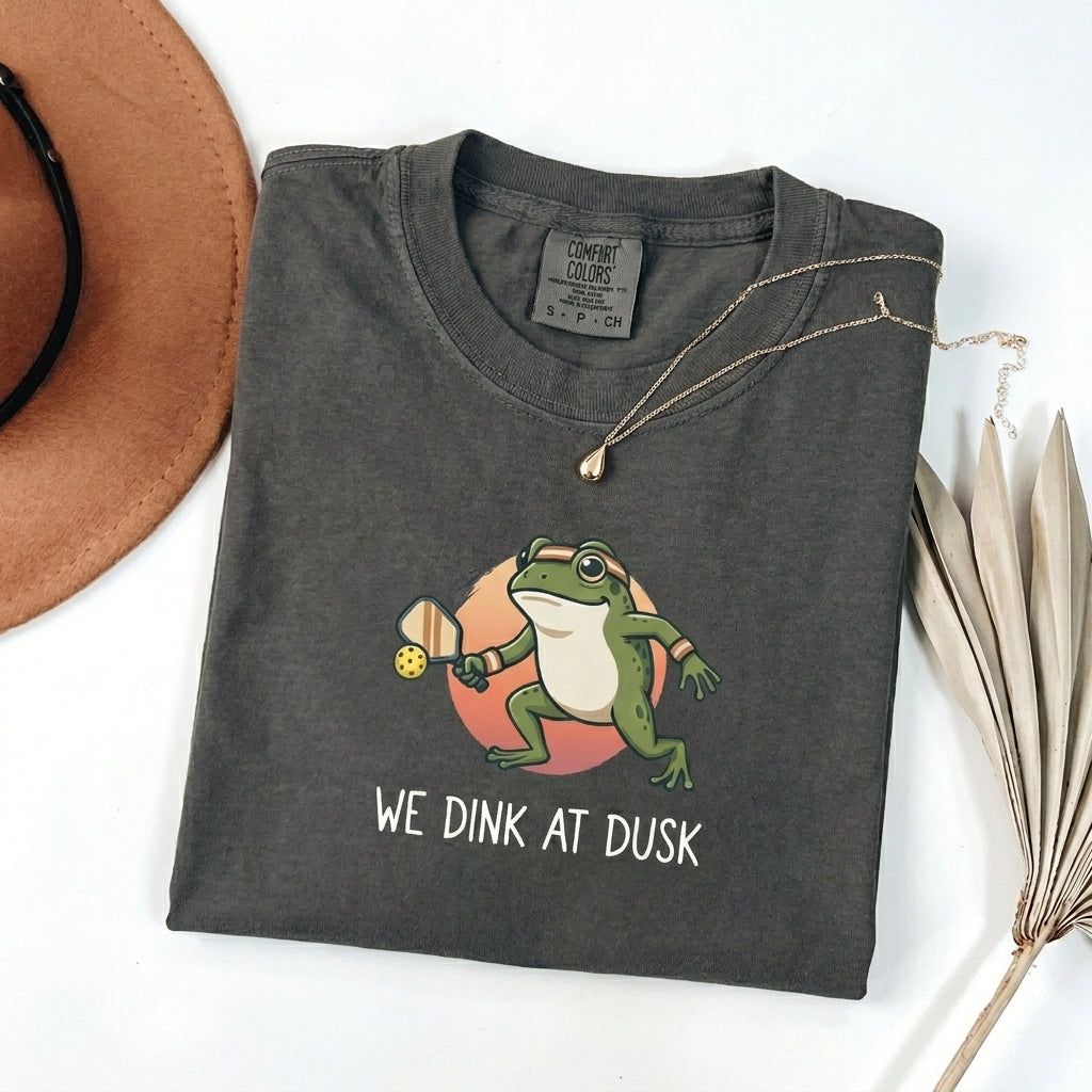 We Dink At Dusk Frog Pickleball t-shirt in Pepper