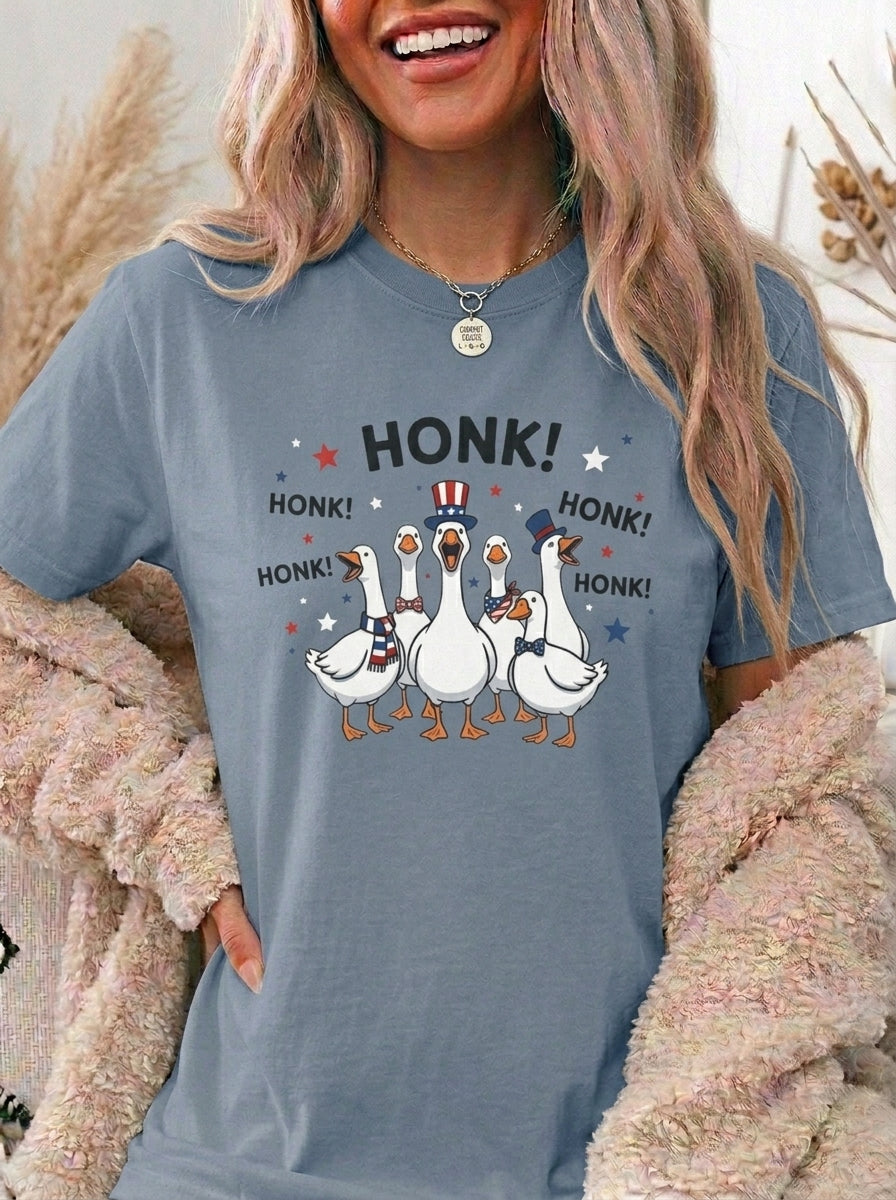 July 4th Shirt, Funny Patriotic Geese Tee, Cute Honk Goose Graphic T-Shirt, Retro Americana Independence Day Gift for Her