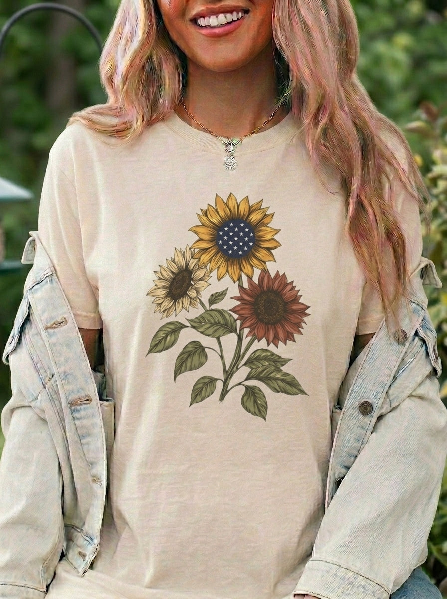 Patriotic Sunflower Shirt, Red White Blue Floral Tee, America 250th Anniversary Graphic Shirt, Vintage 4th of July Botanical, Gift for Her