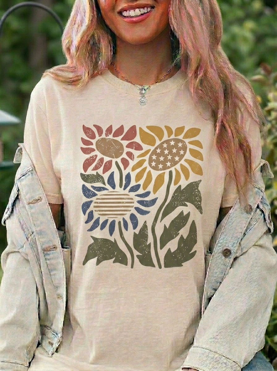 Patriotic Sunflower Shirt, Red White Blue Floral Tee, America 250th Anniversary Graphic Shirt, Vintage 4th of July Botanical, Gift for Her