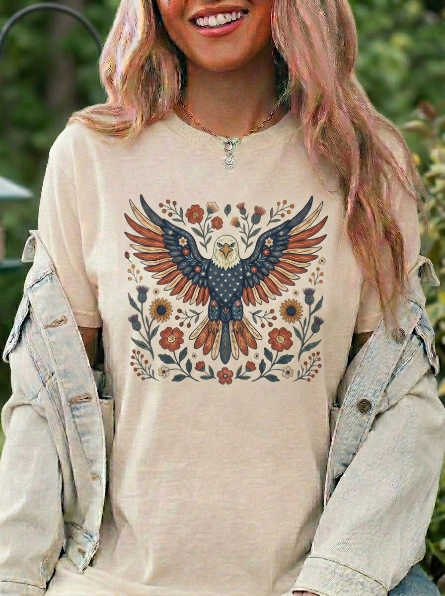 Patriotic Eagle Shirt, Folk Art American Flag Eagle Tee, Vintage 4th of July Floral Graphic Shirt, Independence Day Red White Blue USA Tee