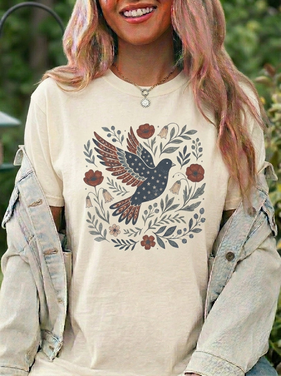 Patriotic Bird Shirt, Folk Art American Flag Bird Tee, Vintage 4th of July Floral Graphic Shirt, Independence Day Red White Blue USA Tee