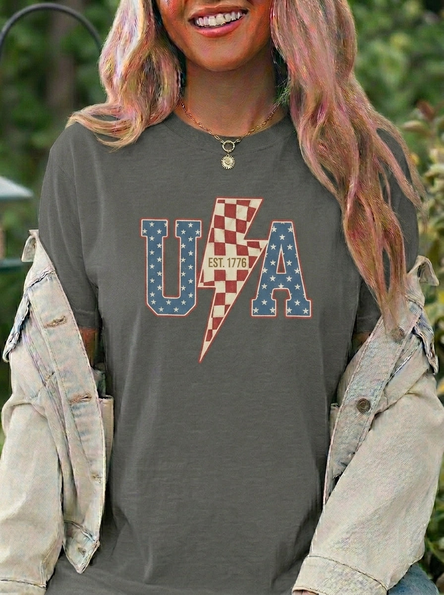 USA Lightning Bolt Shirt, Retro Patriotic Checkered Tee, Vintage 4th of July EST 1776 Graphic Shirt, Independence Day Red White Blue USA Tee